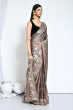 Brown Satin Silk Sequence Embroidered with Stone work Saree - Nimaya Benzy | Grocsy