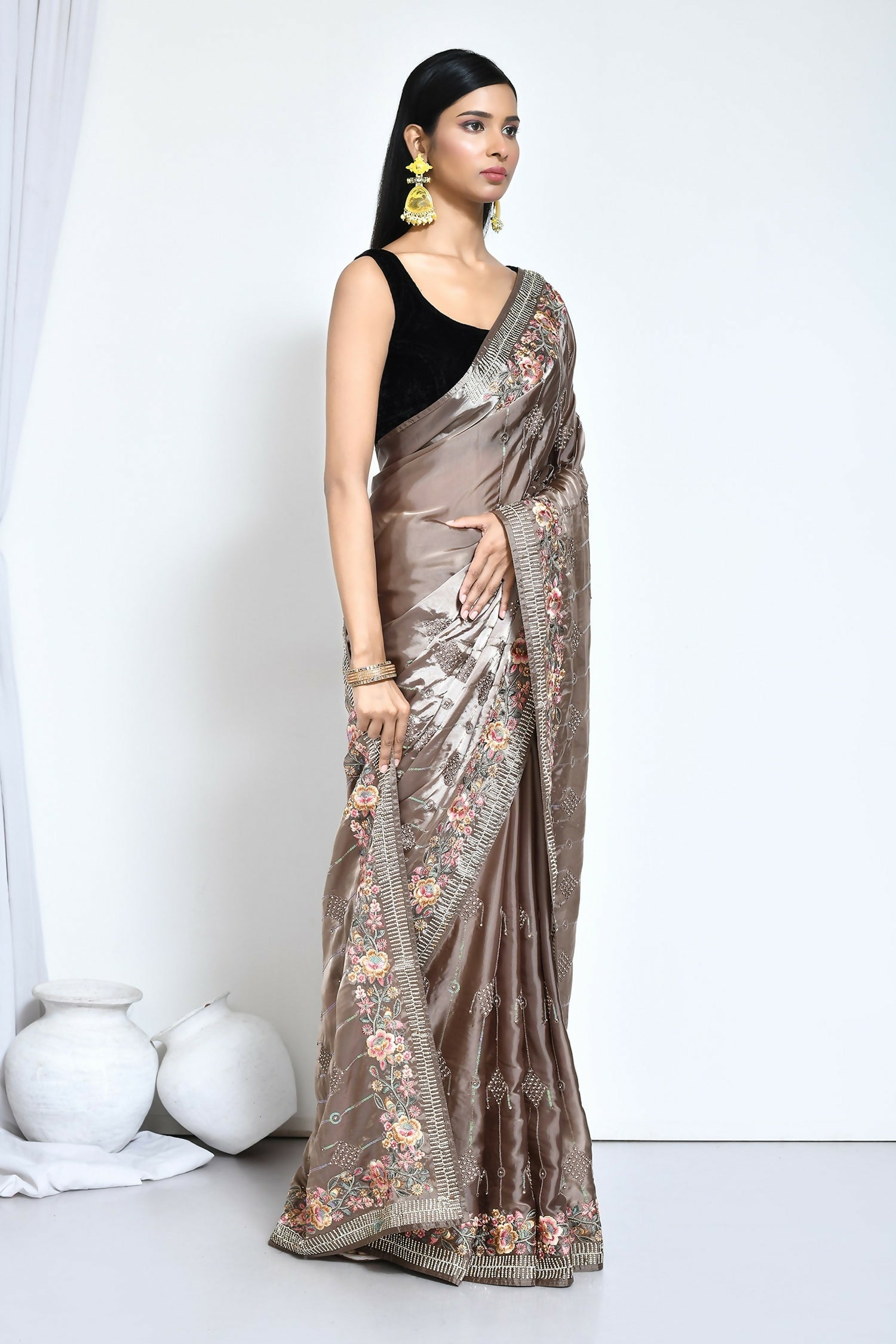 Brown Satin Silk Sequence Embroidered with Stone work Saree - Nimaya Benzy | Grocsy
