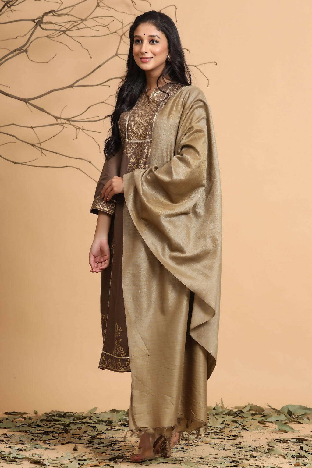 Juniper Women's Brown Rayon Printed Straight Kurta Set | Grocsy