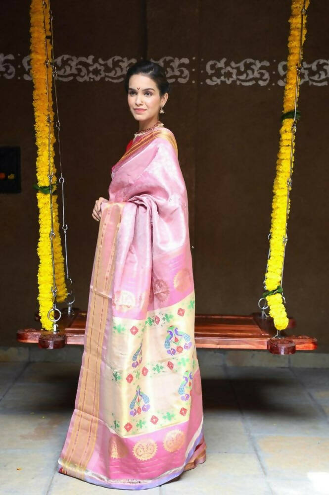 Very Much Indian Silk Handloom Maharani Paithani In Rich Pearl Pink With Silver Zari Brocade | Grocsy
