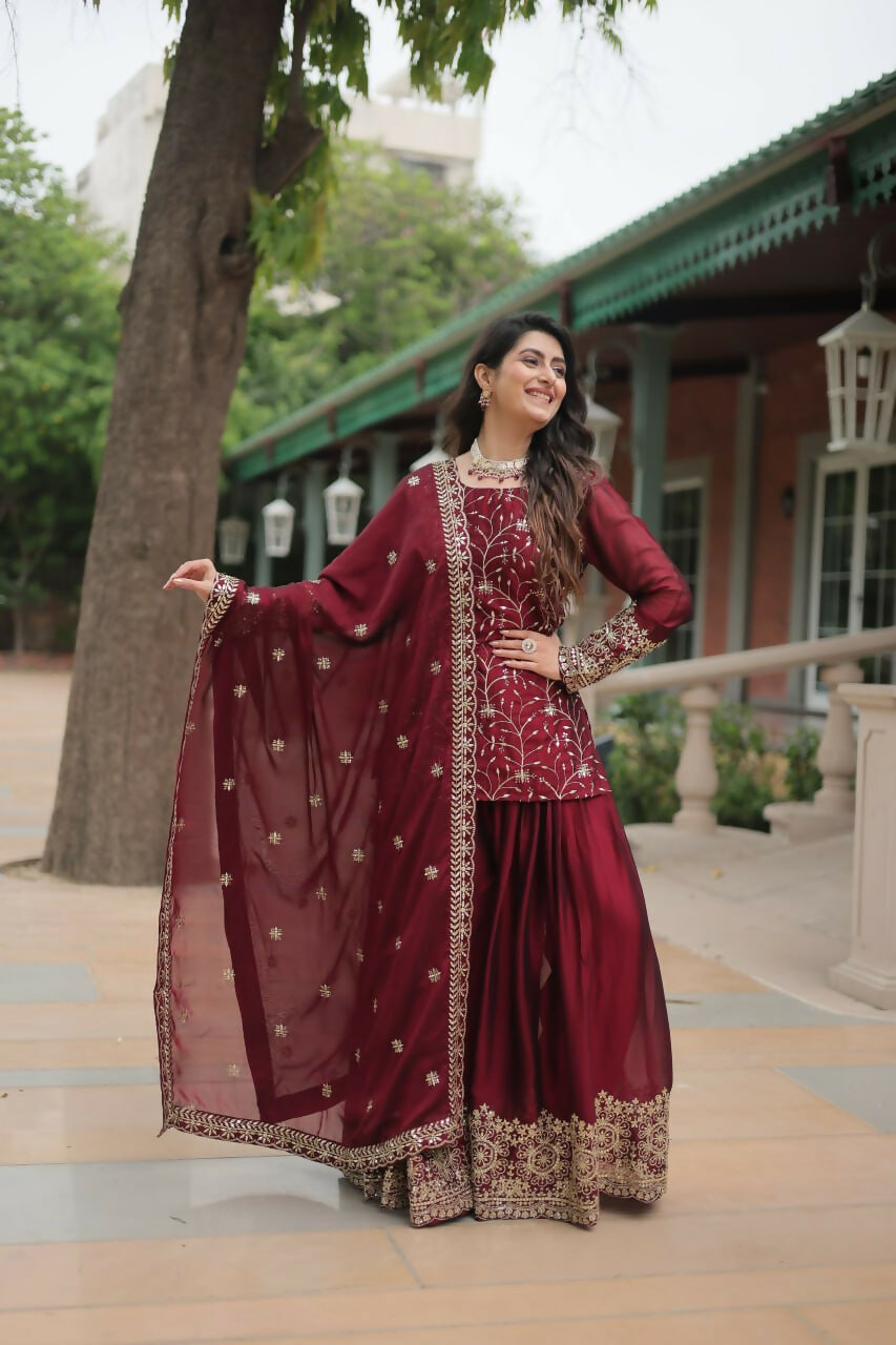 Vastranavya Premium Designer Heavy Sequins & Thread Embroidered work Kurti Palazzo & Dupatta - Maroon | Grocsy