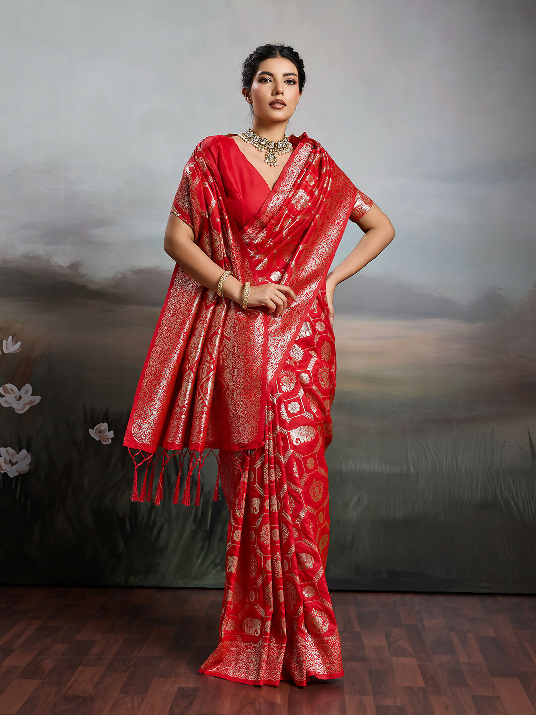 Shree Shyam Fashion Red Silk Blend Saree | Grocsy