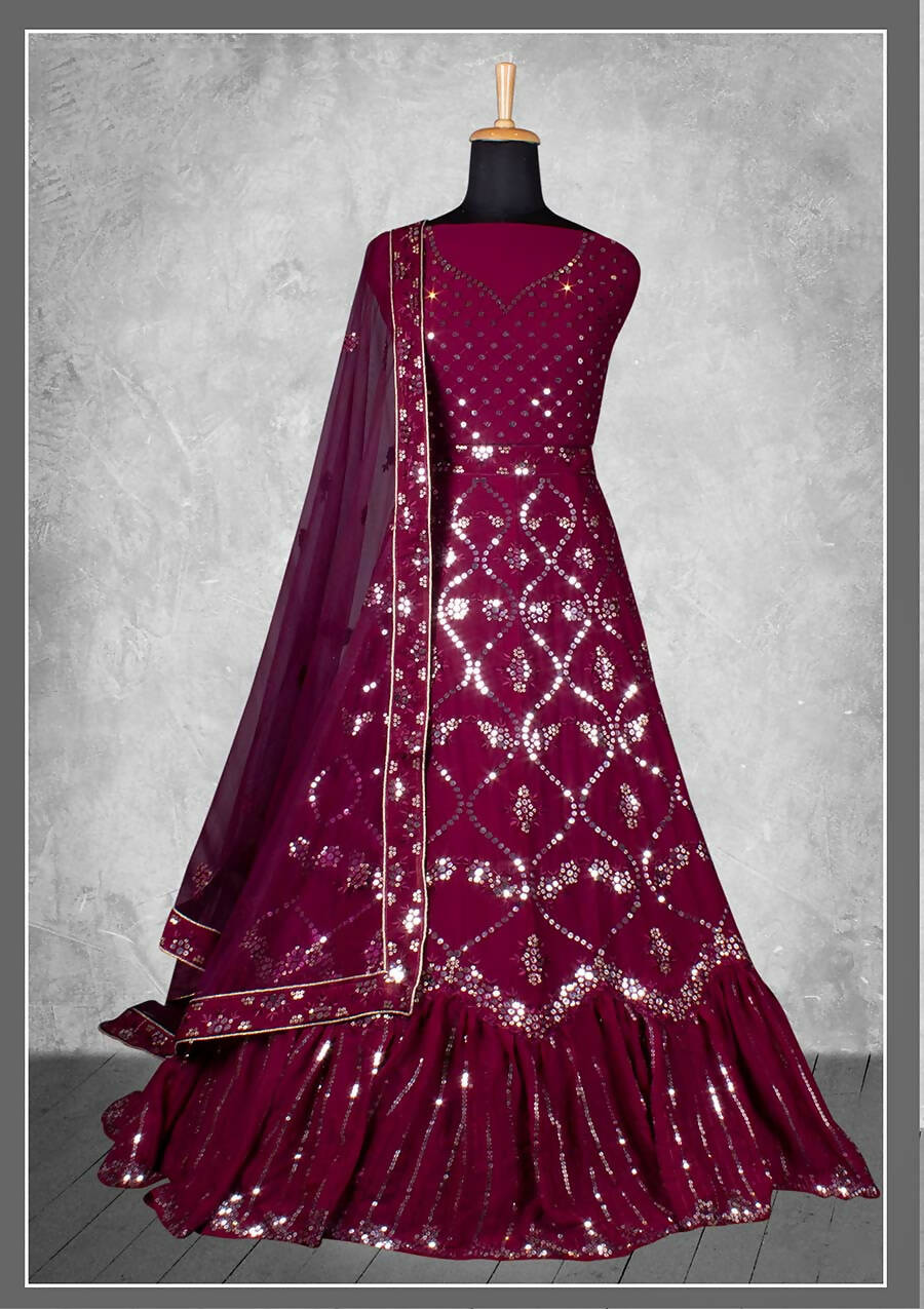 Wine Georgette Embroidery & Sequence Work Bridal lahenga Choli with Dupatta - Nimaya Pavitra Rista | Grocsy