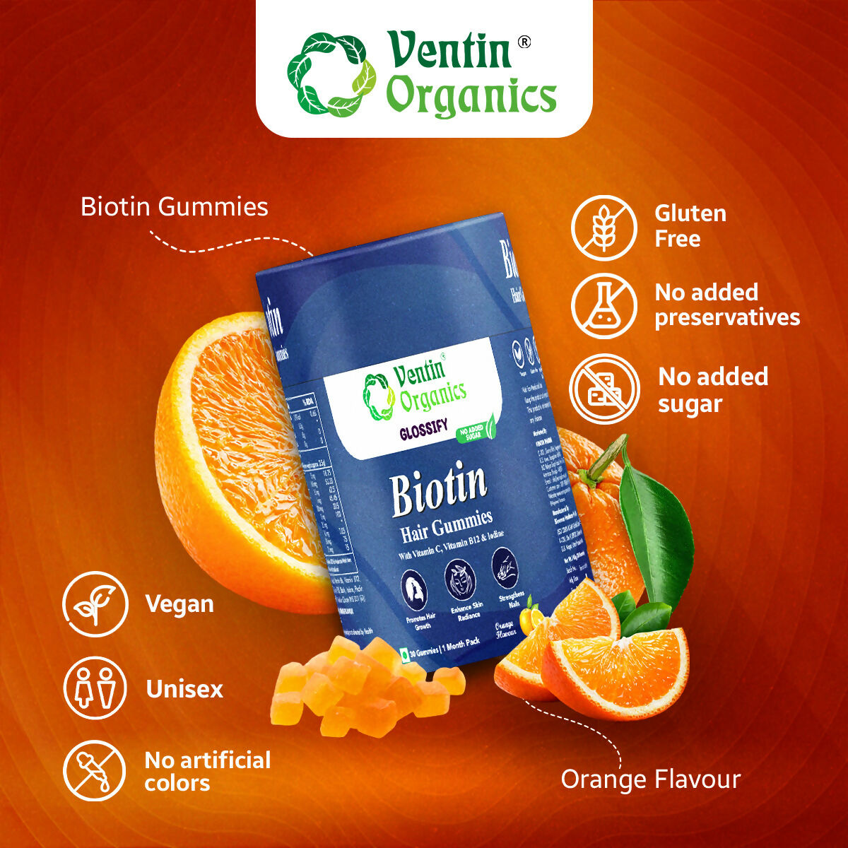 Ventin Organics Glossify Biotin Hair, Skin & Nails Gummies | Grocsy