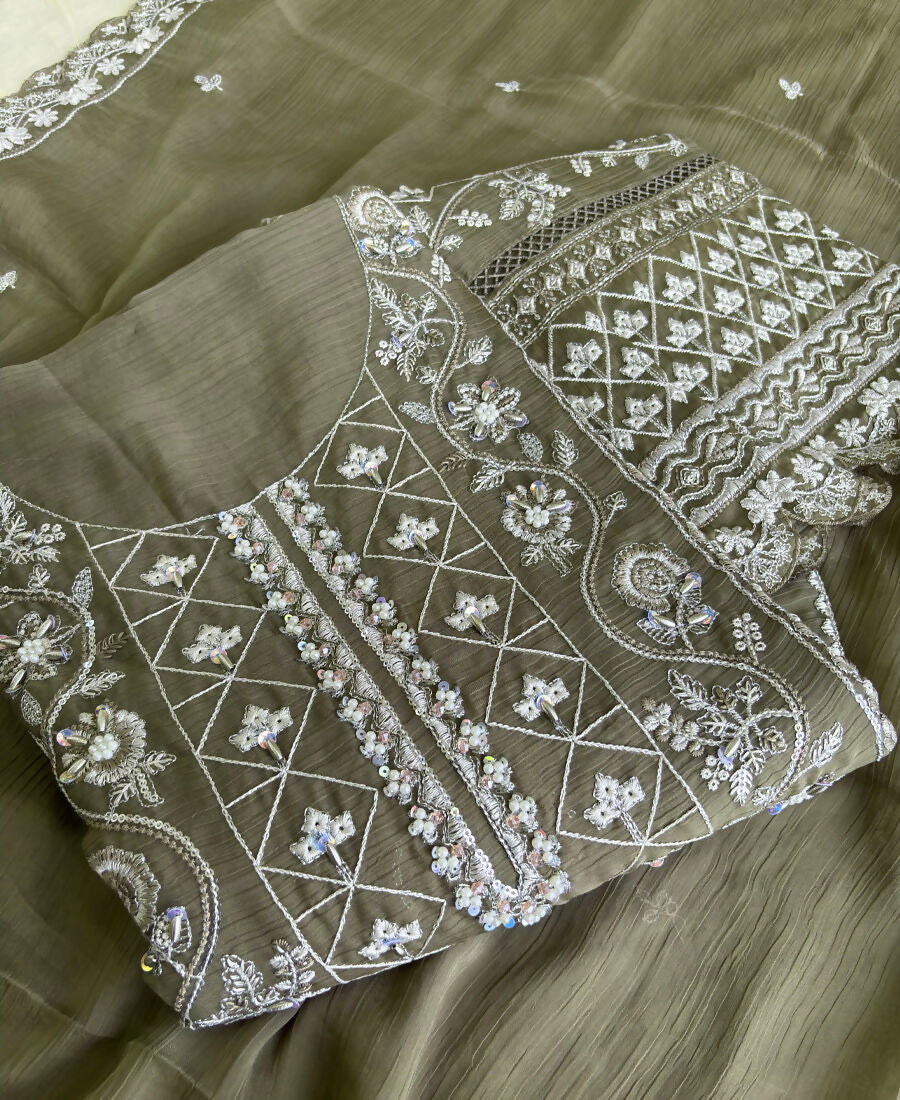 KC Mahendi Green Pakistani Straight Suit For Women Chiffon | Grocsy