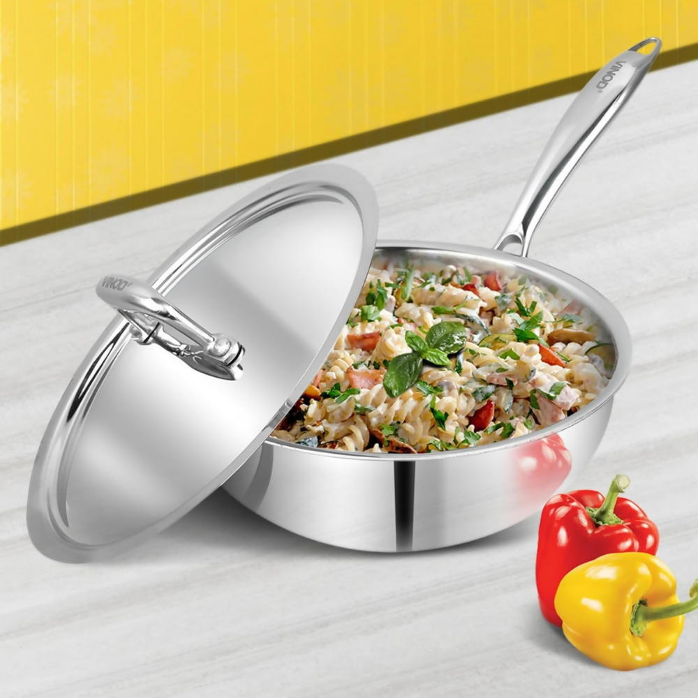 Vinod Platinum Triply Stainless Steel Deep Frying Pan with Lid | Grocsy