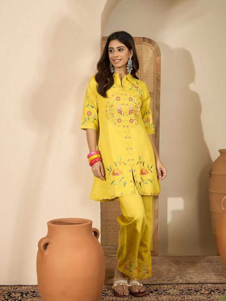 Joban Fashion Women Yellow Roman Silk Embroidered Stitched Kurta Set | Grocsy