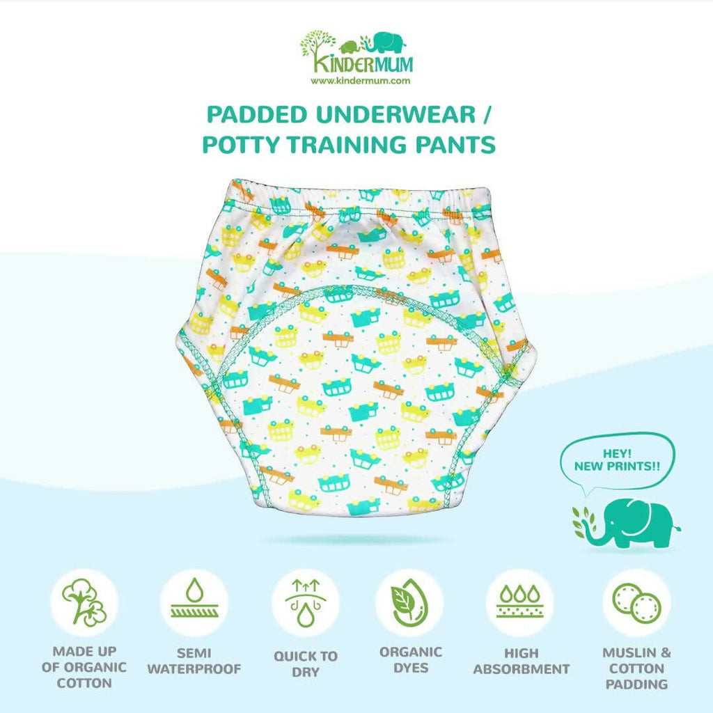 Kindermum Cotton Padded Pull Up Training Pants/Padded Underwear For Kids Peachy Star & Green Car-Set of 2 pcs | Grocsy