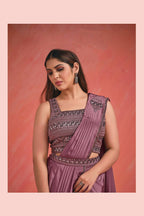 Dusky Wine Crepe Silk Georgette Thread & Sequence with Kardana work Saree With Stitched Blouse - Mohmanthan Elegancia | Grocsy