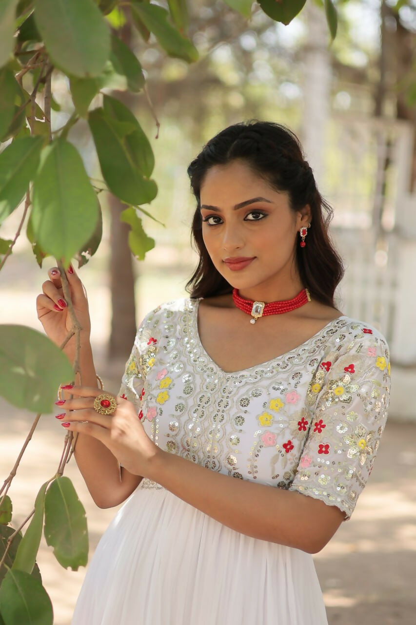 Vastranavya Faux Blooming with Embroidery Zari Sequins-work Gown - White | Grocsy