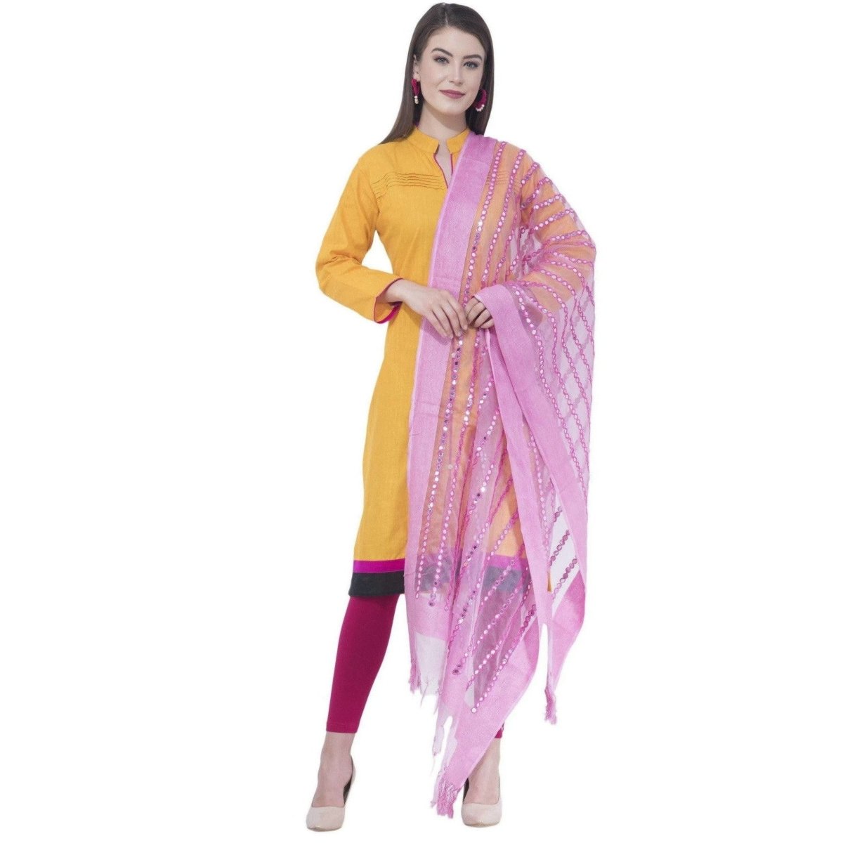 A R Silk Women's Mirror Work Orgenza Cotton Rose Pink Dupattas and Chunnis | Grocsy