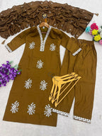 Teeya Creation Vibrant Gold Embroidered Kurti with Pant and Dupatta Set | Grocsy