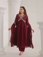 Ethnic Festive Wear Vichitra Silk Wine Stitched Suit With Dupatta - Tanisha | Grocsy