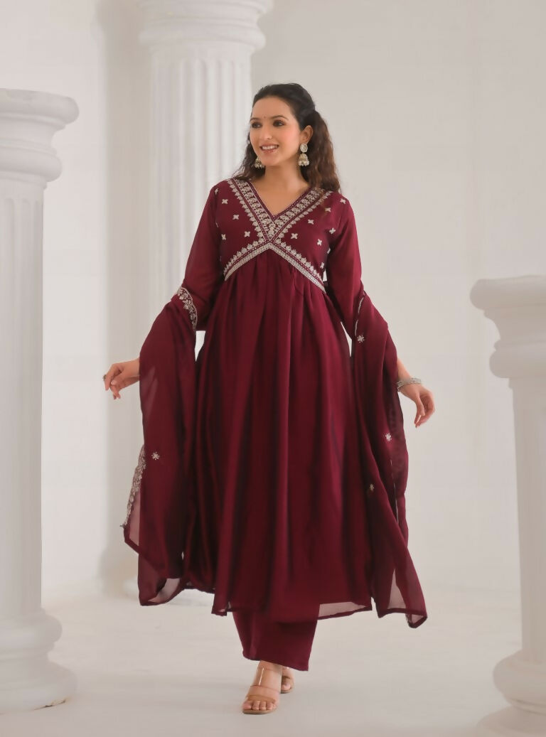 Ethnic Festive Wear Vichitra Silk Wine Stitched Suit With Dupatta - Tanisha | Grocsy