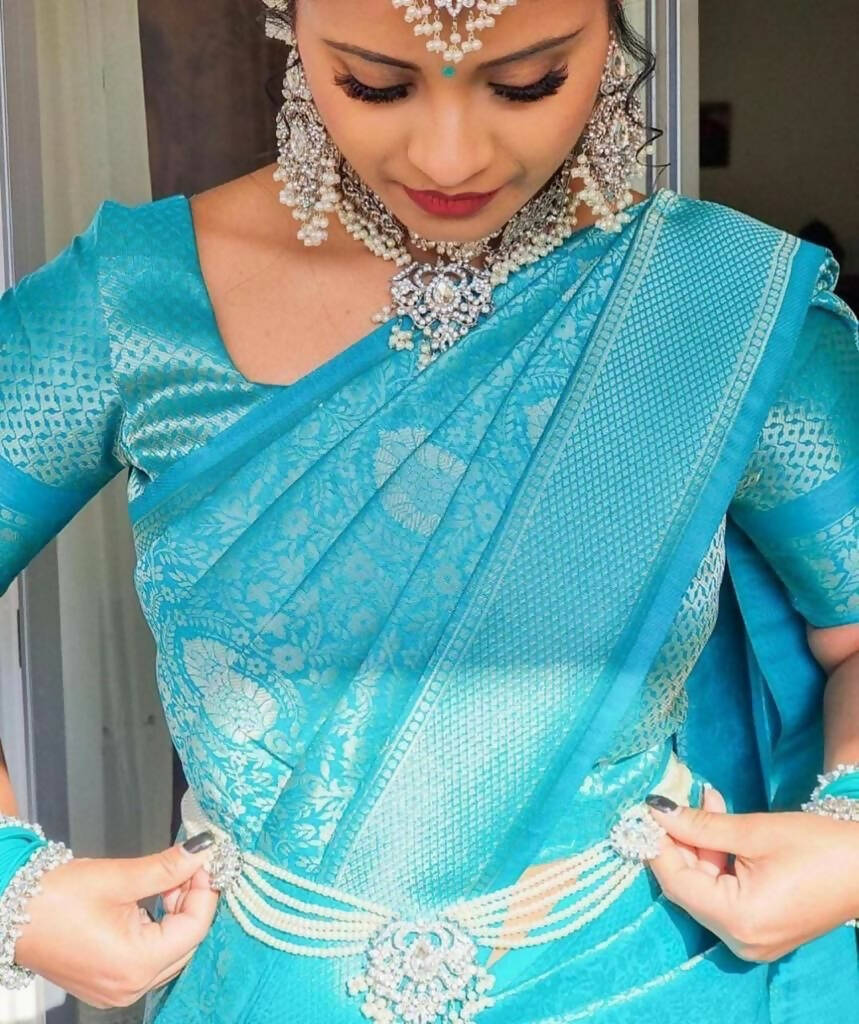 DEIANA'S Beautiful Designer Golden zari Soft Lichi Silk Saree - Sky | Grocsy