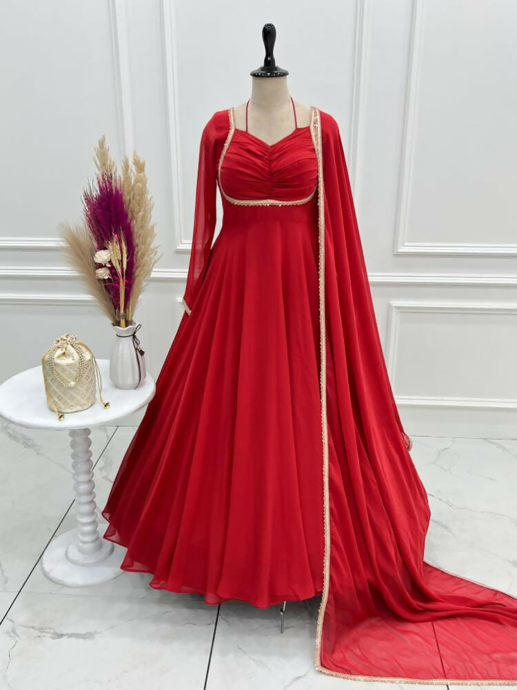 The52 Women's Gorgeous Solid Fox Blooming Georgette Fabric Flared Anarkali and Dupatta Set-Red | Grocsy