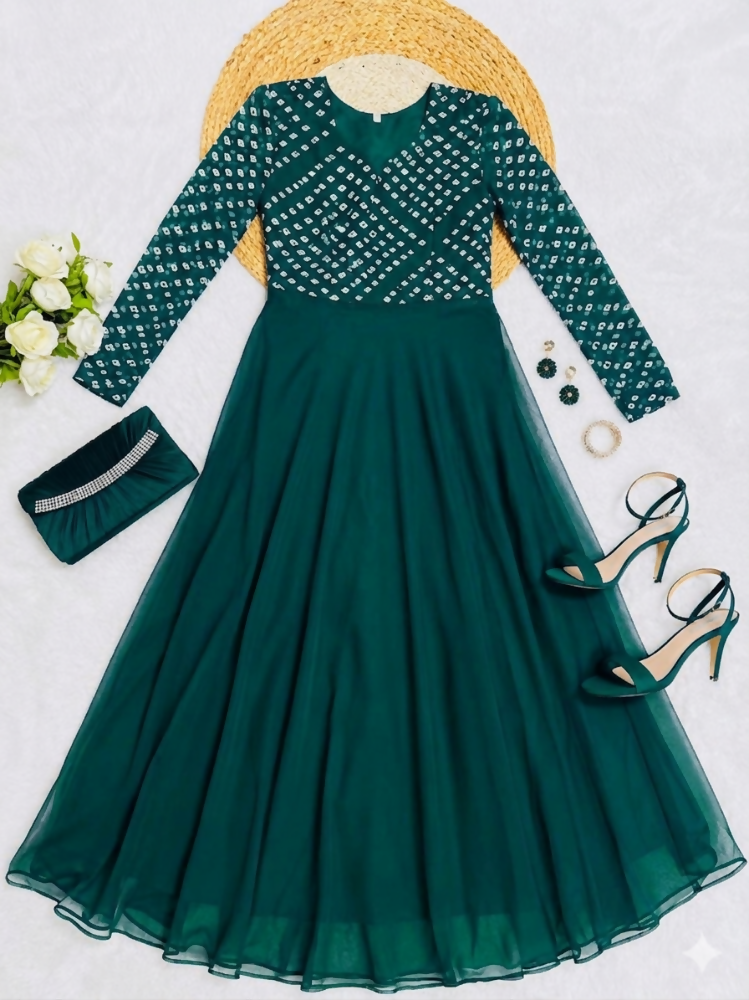 Teeya Creation Women's Green Bandhani Print Anarkali Gown | Grocsy