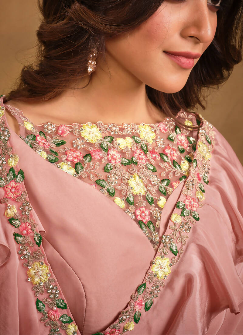 Pink Crepe Georgette Silk Designer Saree with Unstitched Blouse - Norita Mahitha | Grocsy