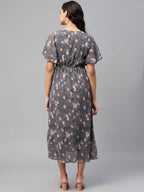 Myshka Women Grey Printed Half Sleeve V Neck Dress | Grocsy