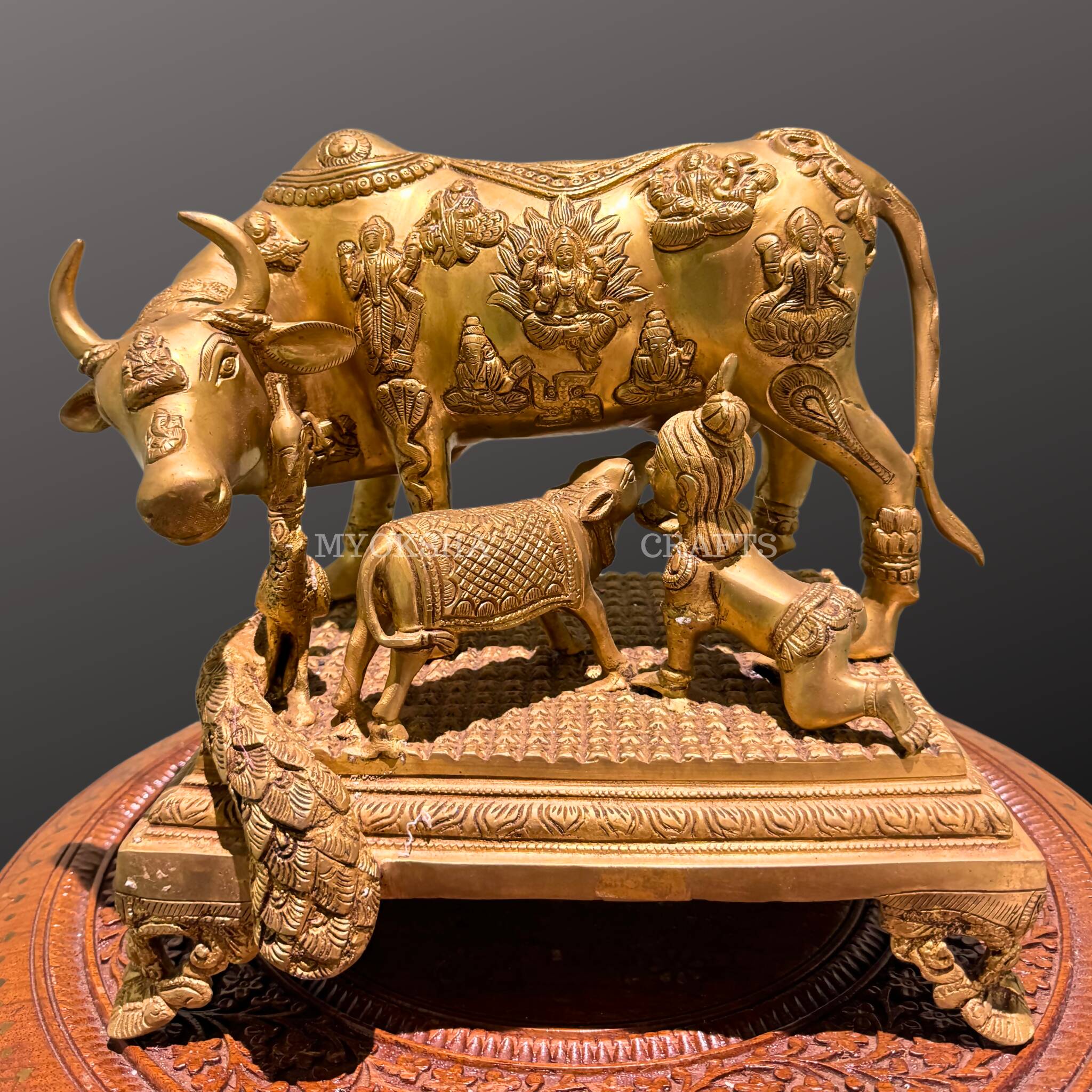 Brass Kamadhenu with Calf & Baby Krishna Idol | Grocsy