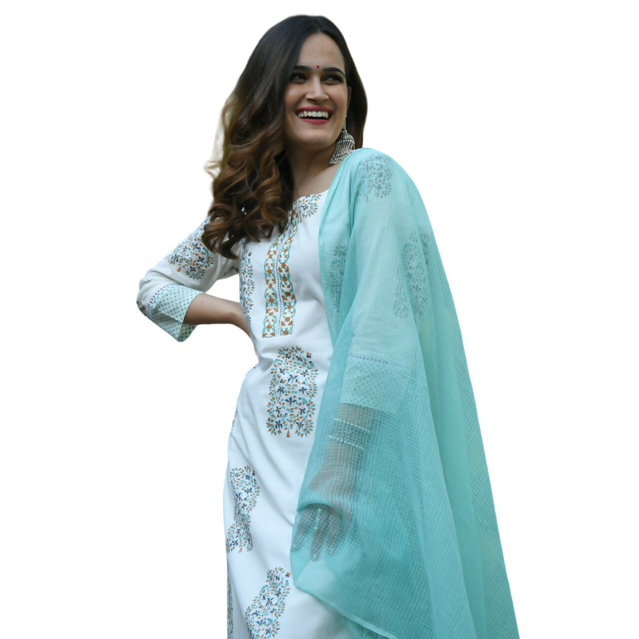 Vamika Poly Rayon Printed White & Sea Green Party Wear/Casual Wear/Office Wear Kurta Set/Suit | Grocsy