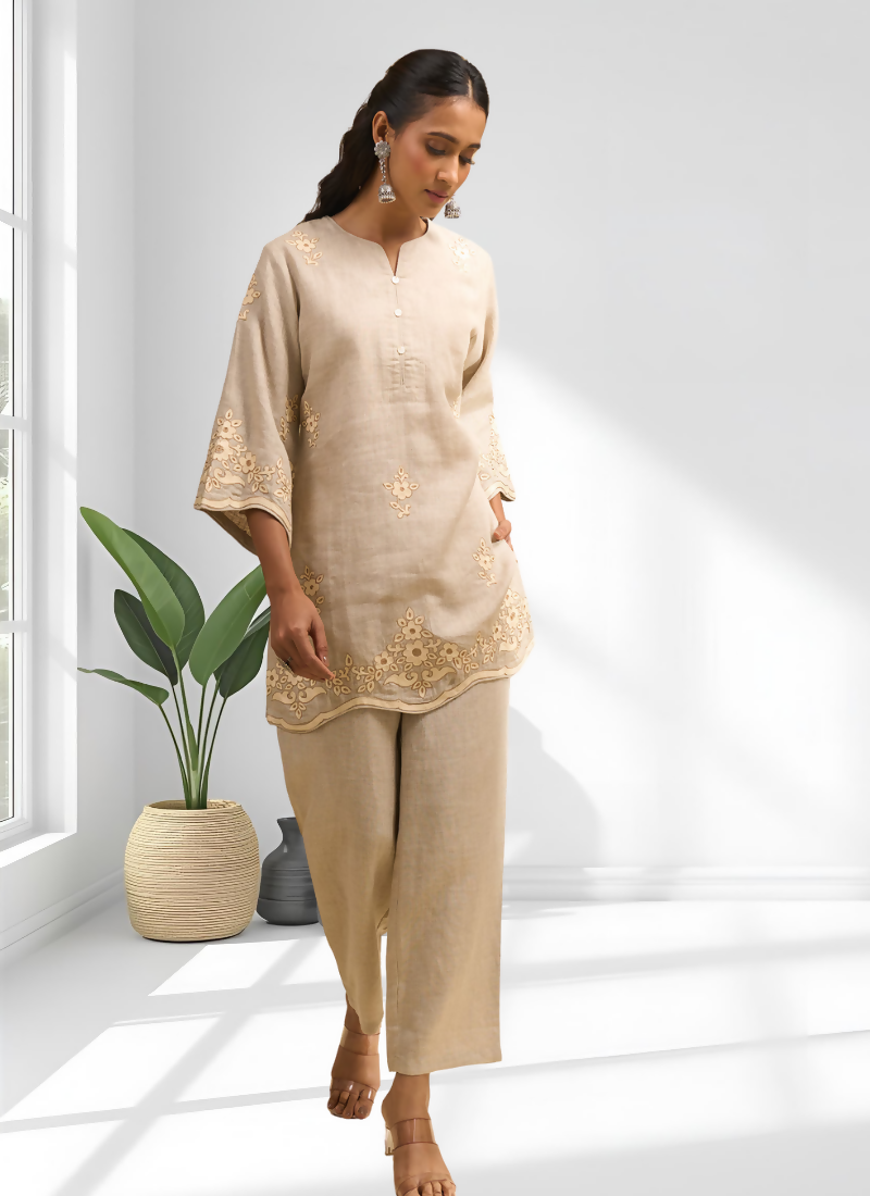 Joban Fashion Beige Linen Embroidered Readymade Cord Set | Grocsy
