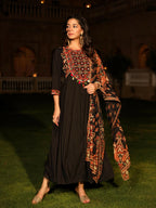 Juniper Women's Black Thread Embroidered Cotton Dress & Dupatta With Tassels & Mirror Work | Grocsy