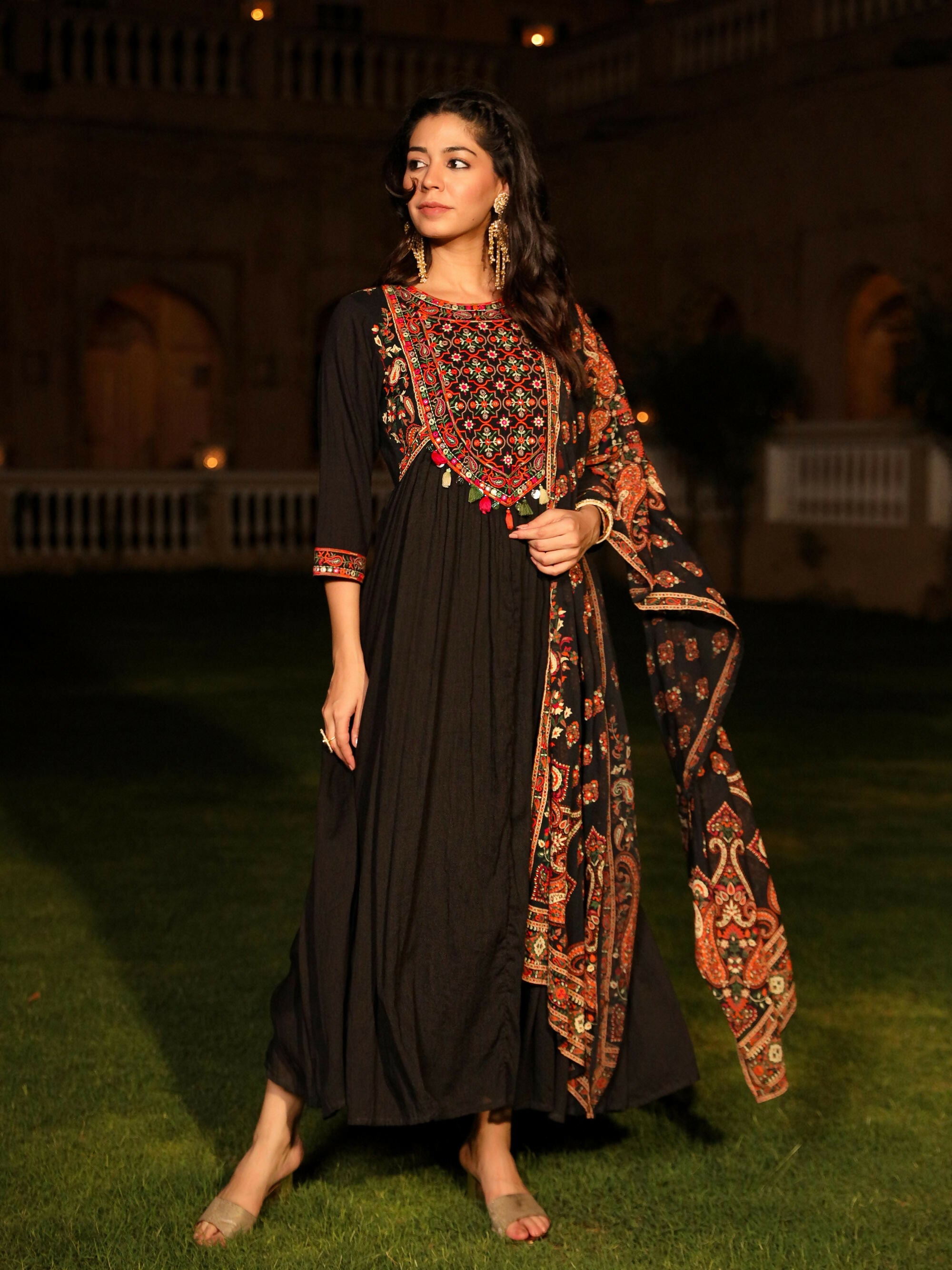 Juniper Women's Black Thread Embroidered Cotton Dress & Dupatta With Tassels & Mirror Work | Grocsy