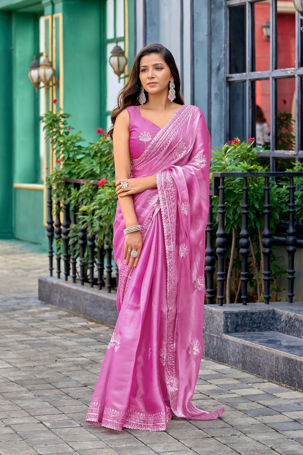 Vastranavya Baby Pink Embroidery Work Shimmer Chiffon Saree with Unstitched Blouse | Grocsy