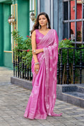 Vastranavya Baby Pink Embroidery Work Shimmer Chiffon Saree with Unstitched Blouse | Grocsy