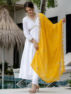 The52 White Women's Gorgeous Embroidered Chanderi Fabric Straight Kurta, Pant and Dupatta Set | Grocsy