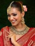 Ruby Raang Gold Polished Kundan Work Gold Kundan Collar Necklace With Earrings & Maang Tikka | Grocsy