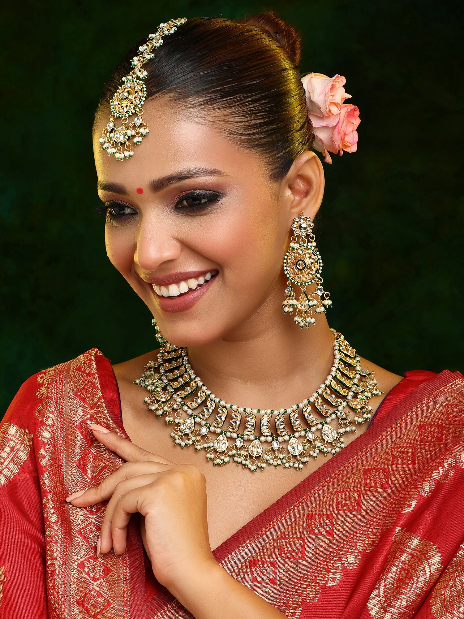 Ruby Raang Gold Polished Kundan Work Gold Kundan Collar Necklace With Earrings & Maang Tikka | Grocsy