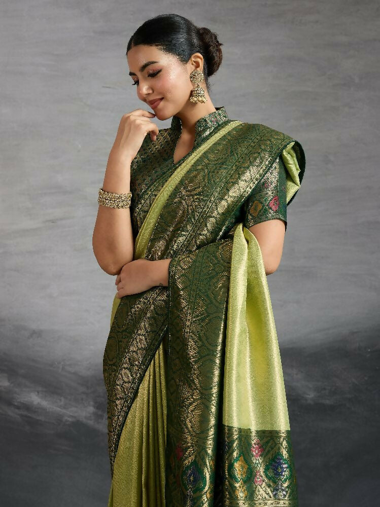 PR Fashion Green Kanjivaram Soft Silk Kadiyal Pattern Double Zari Woven Patta, Meenakari Woven Pallu Saree | Grocsy