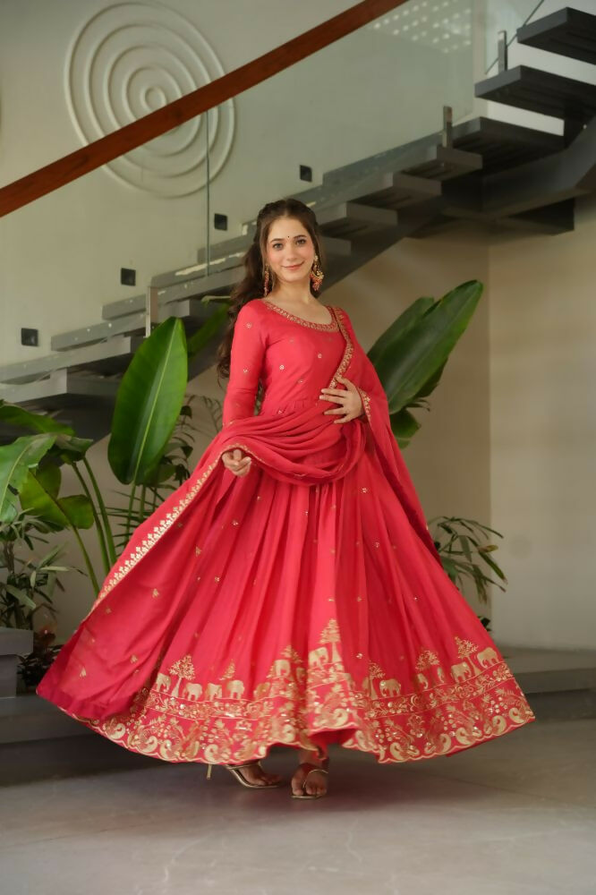 Vastranavya Gajri Chinnon with Embroidery Zari Sequins Work Gown | Grocsy