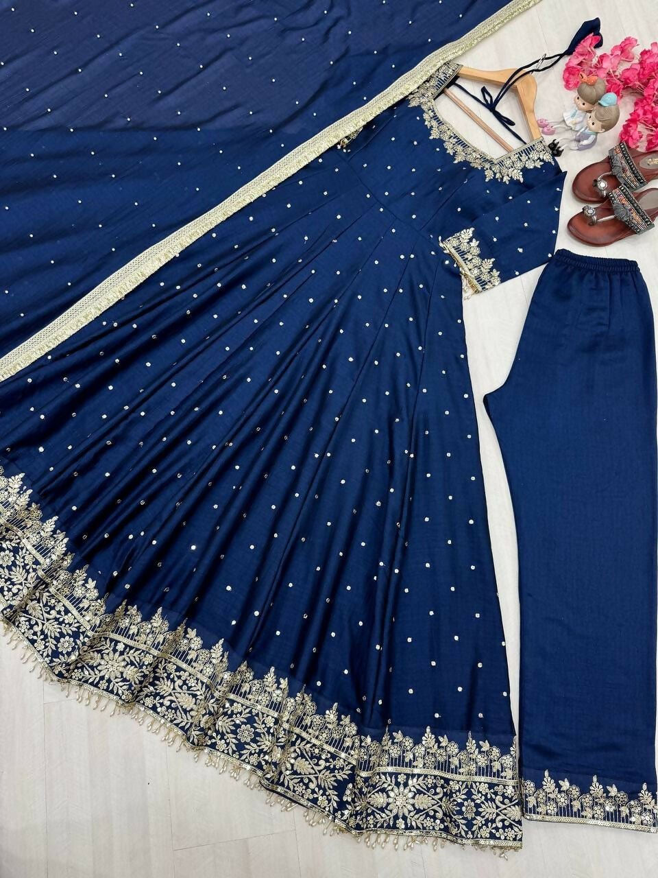 Teeya Creation Royal Blue Color Pure Vichitra Silk Embroidery Work Party Wear Gown | Grocsy