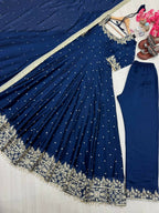 Teeya Creation Royal Blue Color Pure Vichitra Silk Embroidery Work Party Wear Gown | Grocsy
