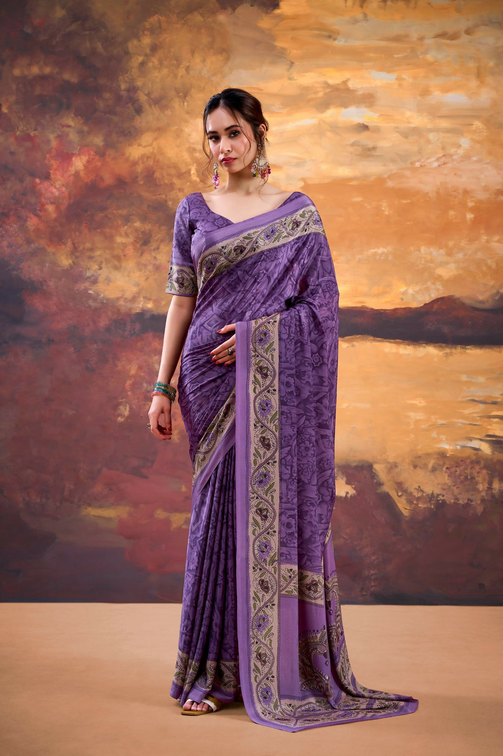 Vastranavya Purple Crepe Printed Saree with Unstitched Blouse | Grocsy