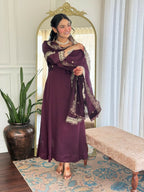The52 Wine Women's Gorgeous Vichitra Silk Fabric Embroidered Work Flared Anarkali Pant and Dupatta Set | Grocsy