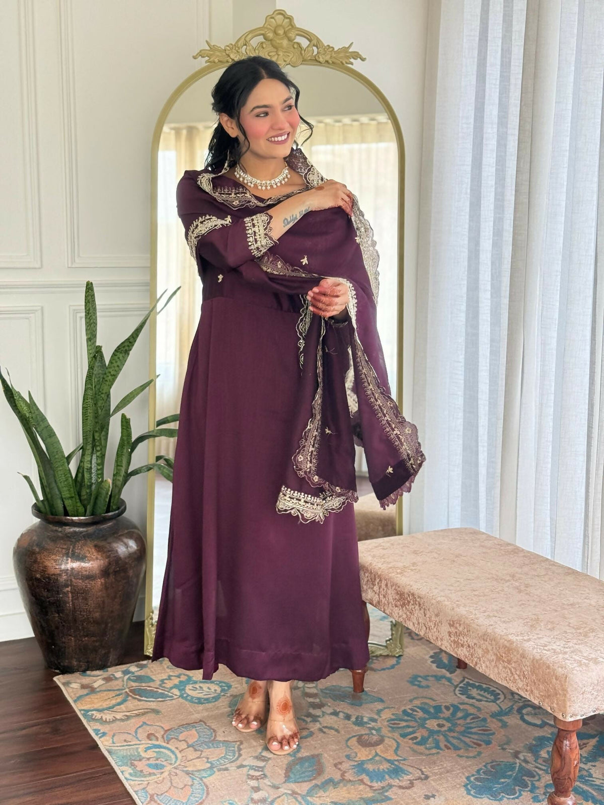 The52 Wine Women's Gorgeous Vichitra Silk Fabric Embroidered Work Flared Anarkali Pant and Dupatta Set | Grocsy