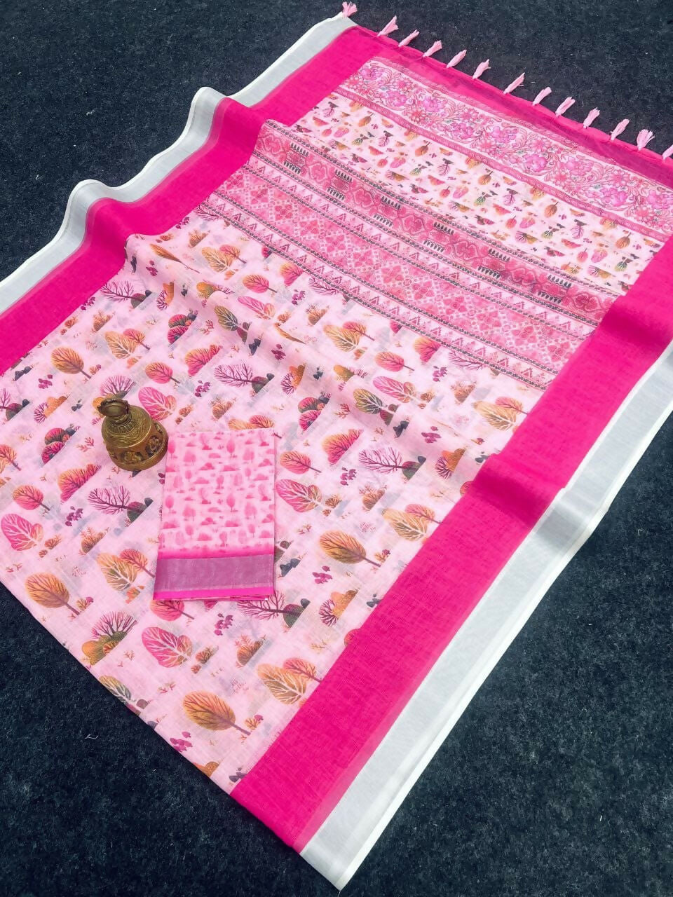Prime Volt Linen Cotton Pink Printed Saree with Contrast Zari Border and Designer Blouse | Grocsy