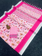 Prime Volt Linen Cotton Pink Printed Saree with Contrast Zari Border and Designer Blouse | Grocsy