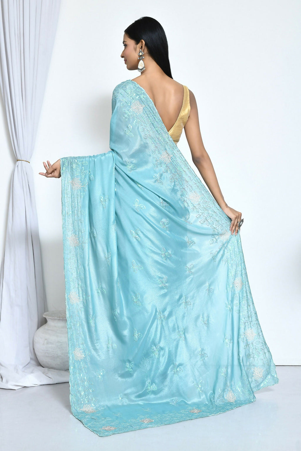 Blue Crepe Silk Sequence Embroidered with Stone work Saree - Nimaya Benzy | Grocsy