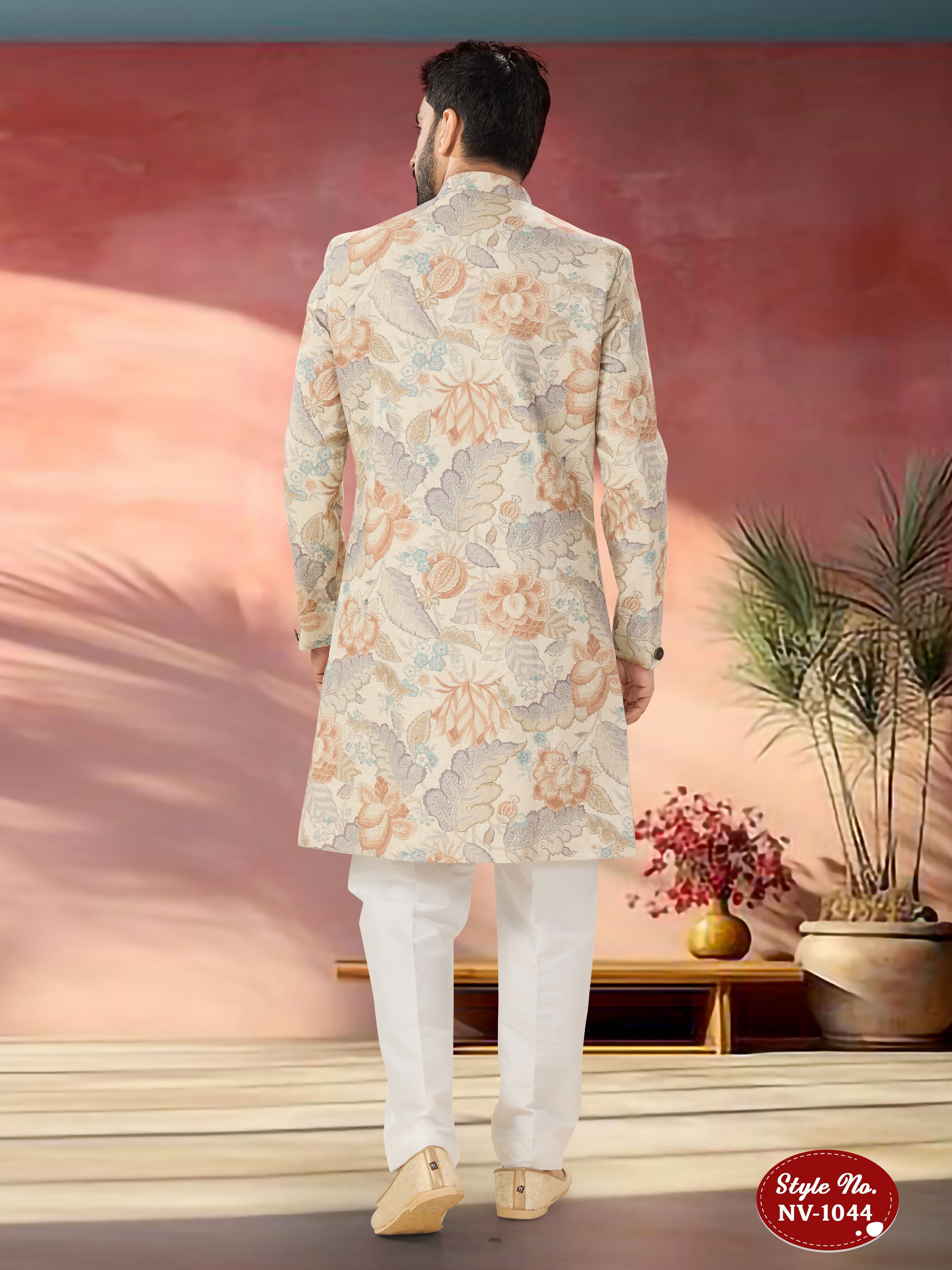 Joban Fashion Men's Beige Base Multi-Colour Straight Swed Velvet Self-Design In Fabric Indo-Western Kurta Set | Grocsy