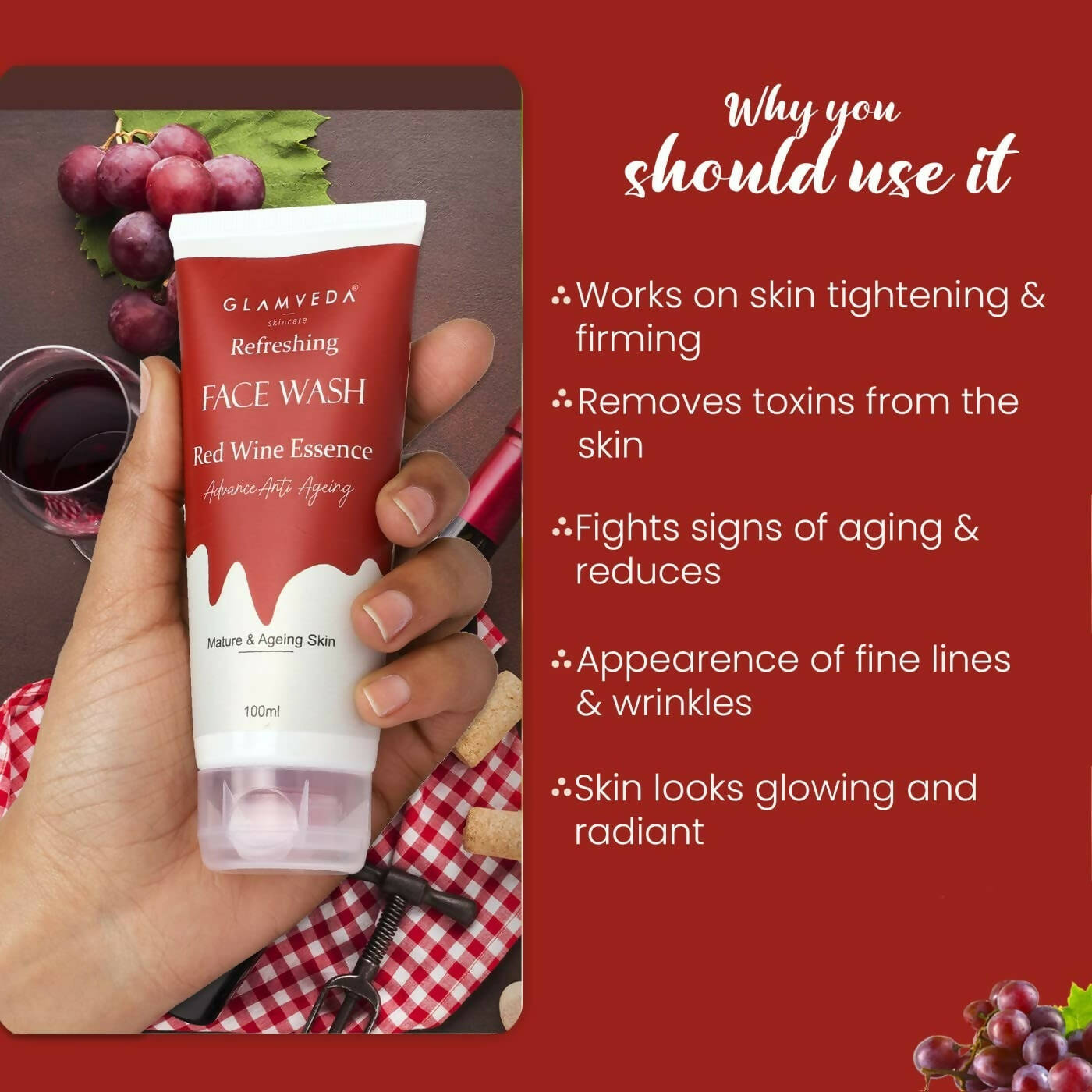 Glamveda Red Wine Advance Anti Ageing Face Wash | Grocsy