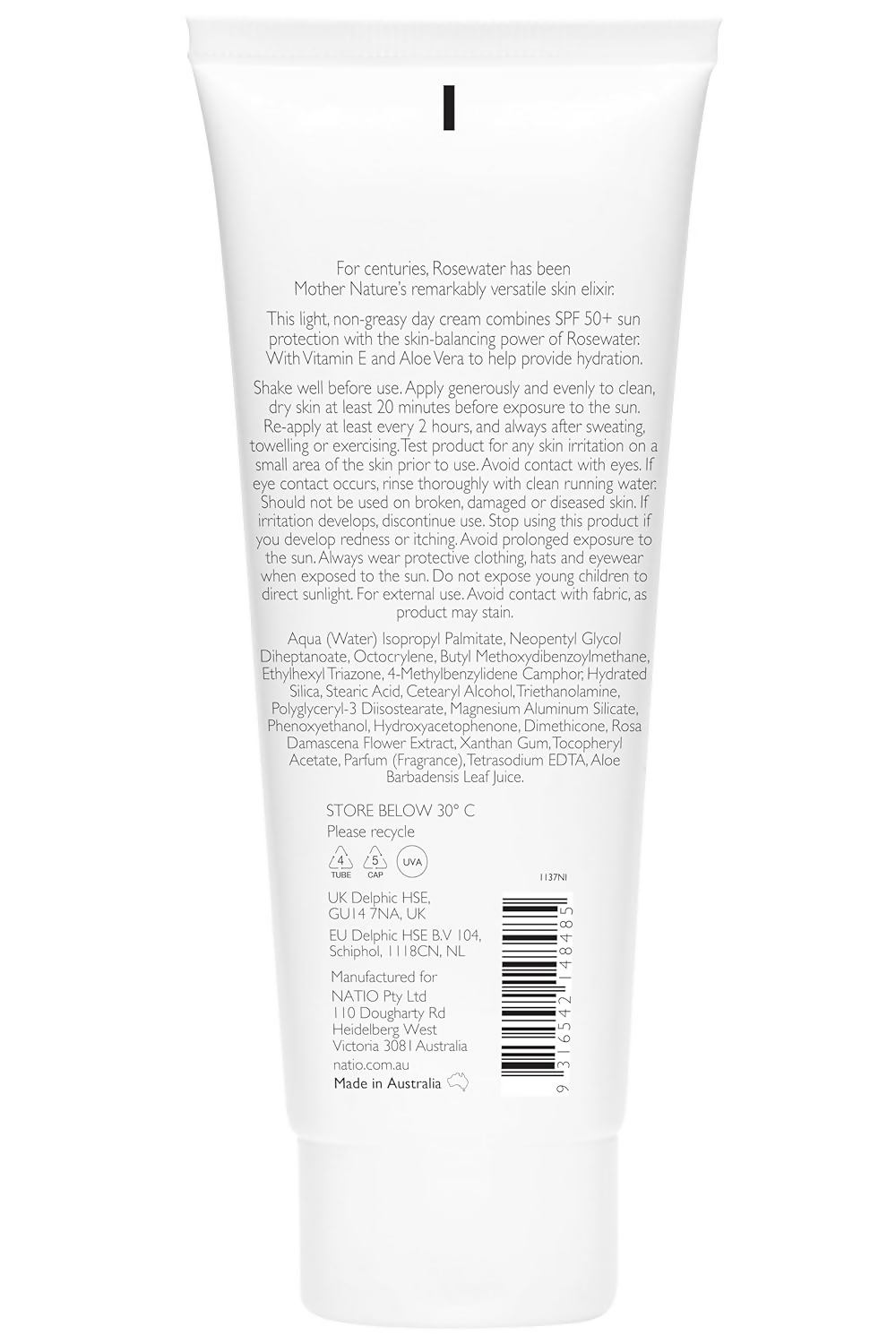 Natio Rosewater Hydration Moisture Balance Day Cream SPF 50+ | Grocsy