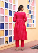 Alvano Women's A-line Naira Cut Embroidery work Print Kurti with Pant and Dupatta set Rayon (Red) | Grocsy