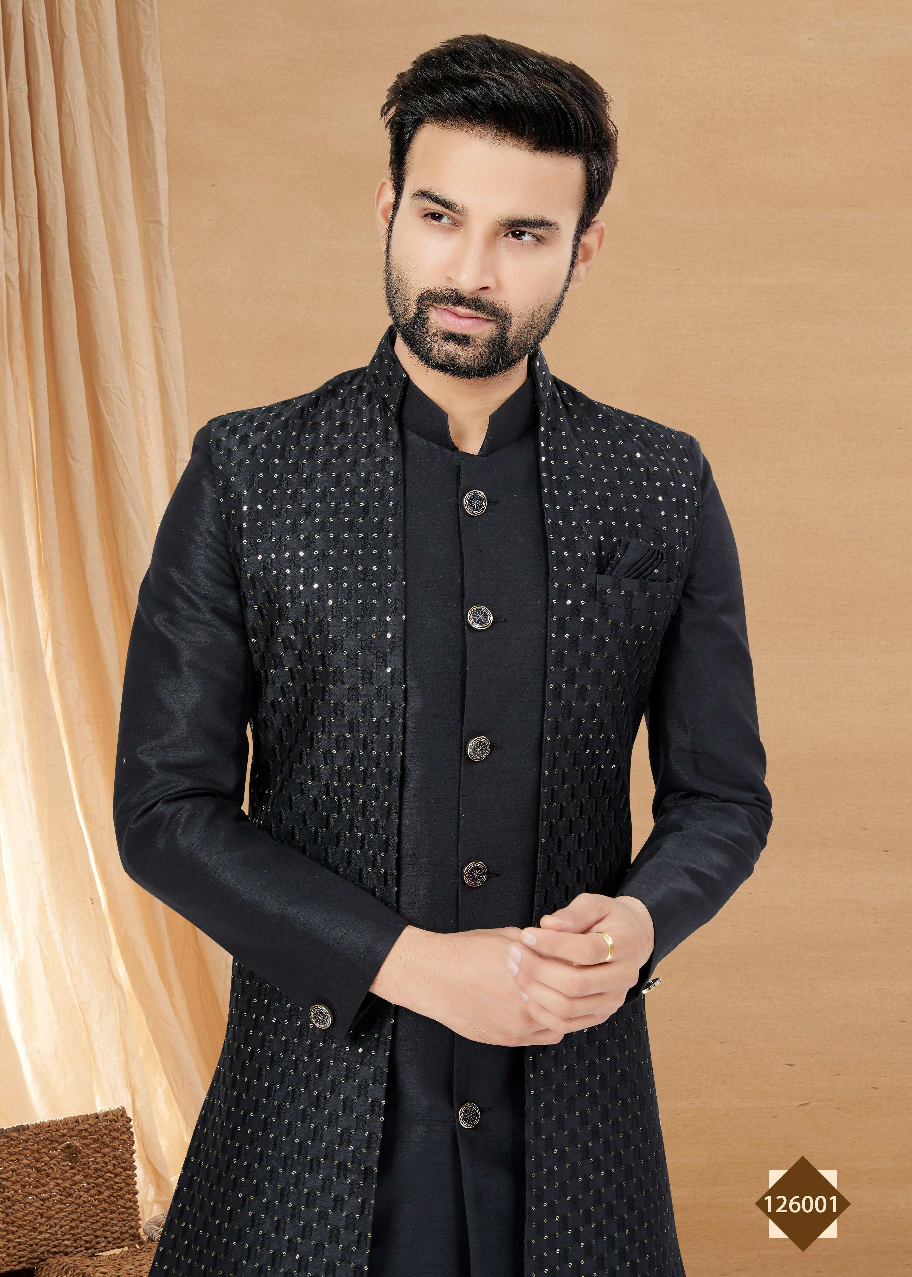 Joban Fashion Men's Black Heavy Art Silk Double Finish Plain Indowestern | Grocsy