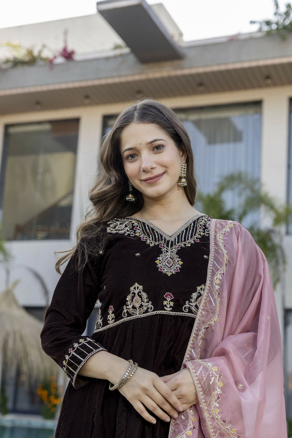 The52 Women's Beautiful Velvet Fabric Embroidery Work Flared Anarkali Pant and Dupatta Set | Grocsy