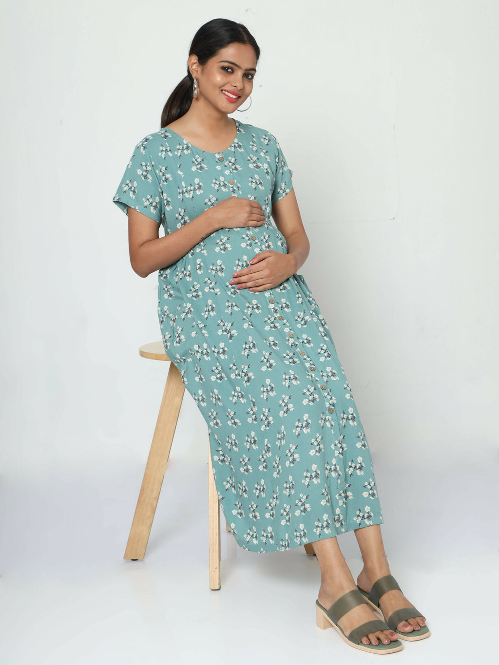 Manet Short Sleeves Maternity Dress Floral Print With Concealed Zipper Nursing Access - Green | Grocsy